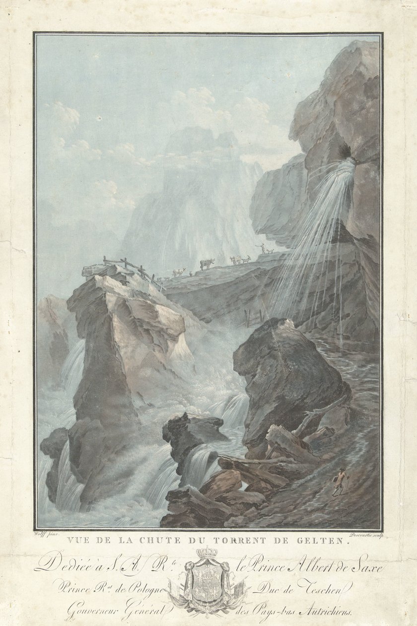 Utsikt over Gelten-fossen Utsikt over Chute du Torrent de Gelten (tittel på objekt) Bemerkelsesverdig utsikt over fjellene i Sveits (serietittel) av Charles Melchior Descourtis