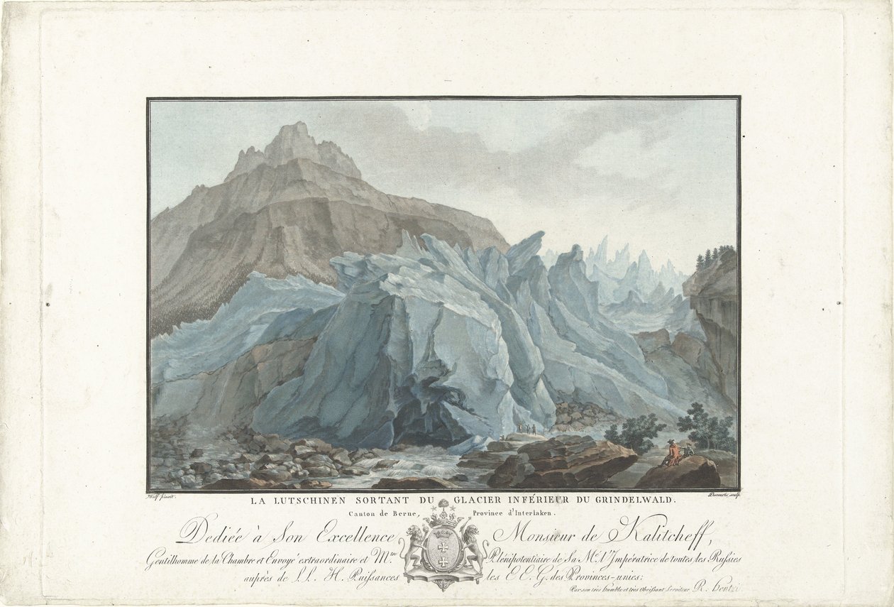 Gletsjer ved Grindelwald Lutchinen som dukker opp fra Nedre Grindelwald-breen. Kanton Bern, provinsen Interlaken (tittel på objekt) Bemerkelsesverdig utsikt over fjellene i Sveits (serietittel) av Charles Melchior Descourtis