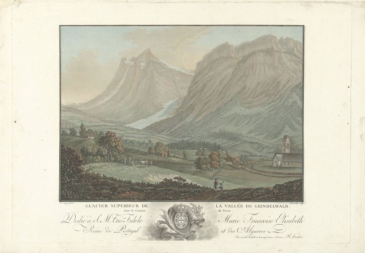 Gletsjer bij de valley van Grindelwald Øvre isbre i Grindelwald-dalen i kantonen Bern (tittel på objekt) Bemerkelsesverdig utsikt over fjellene i Sveits (serietittel) av Charles Melchior Descourtis