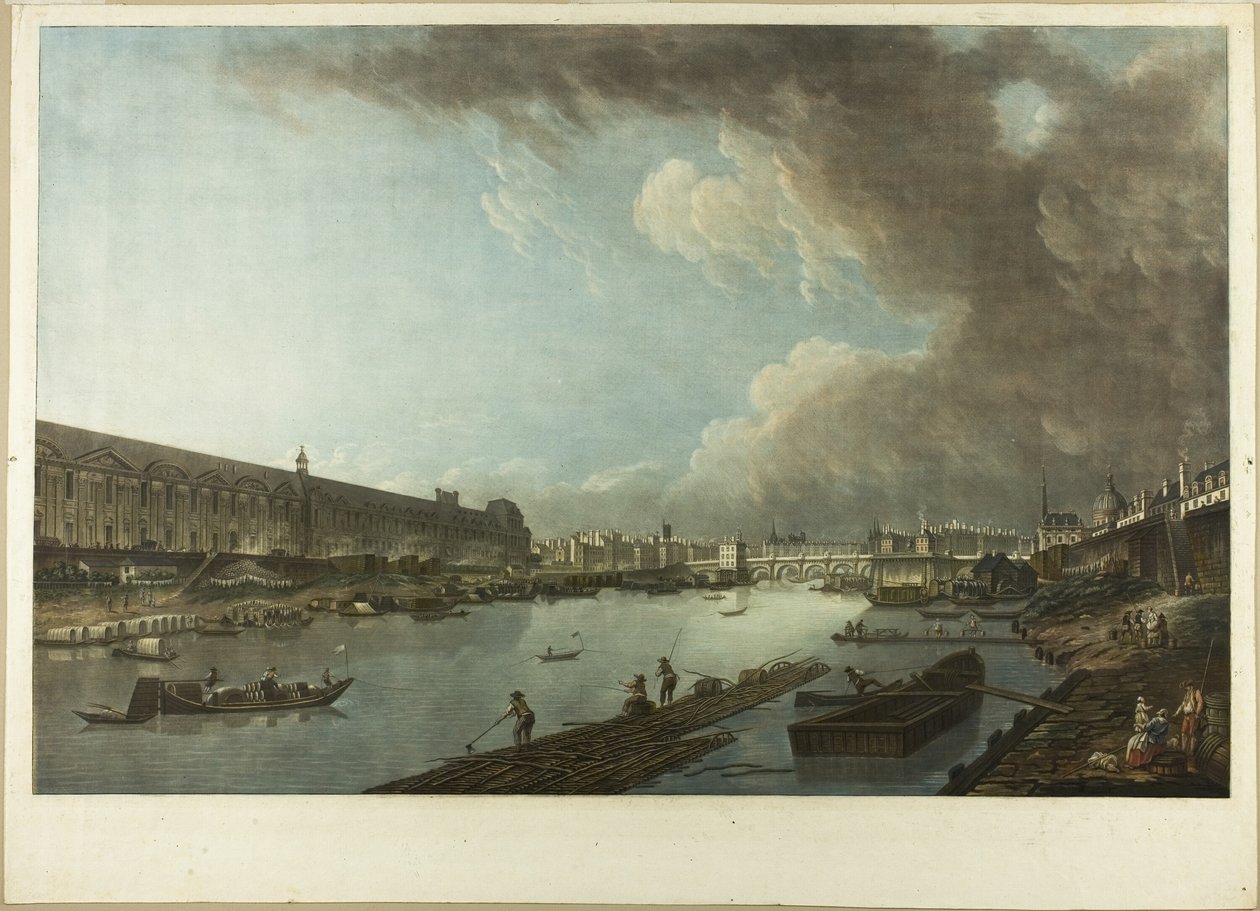 Utsikt over Tuileriene, Louvre og Pont Neuf av Charles Melchior Descourtis