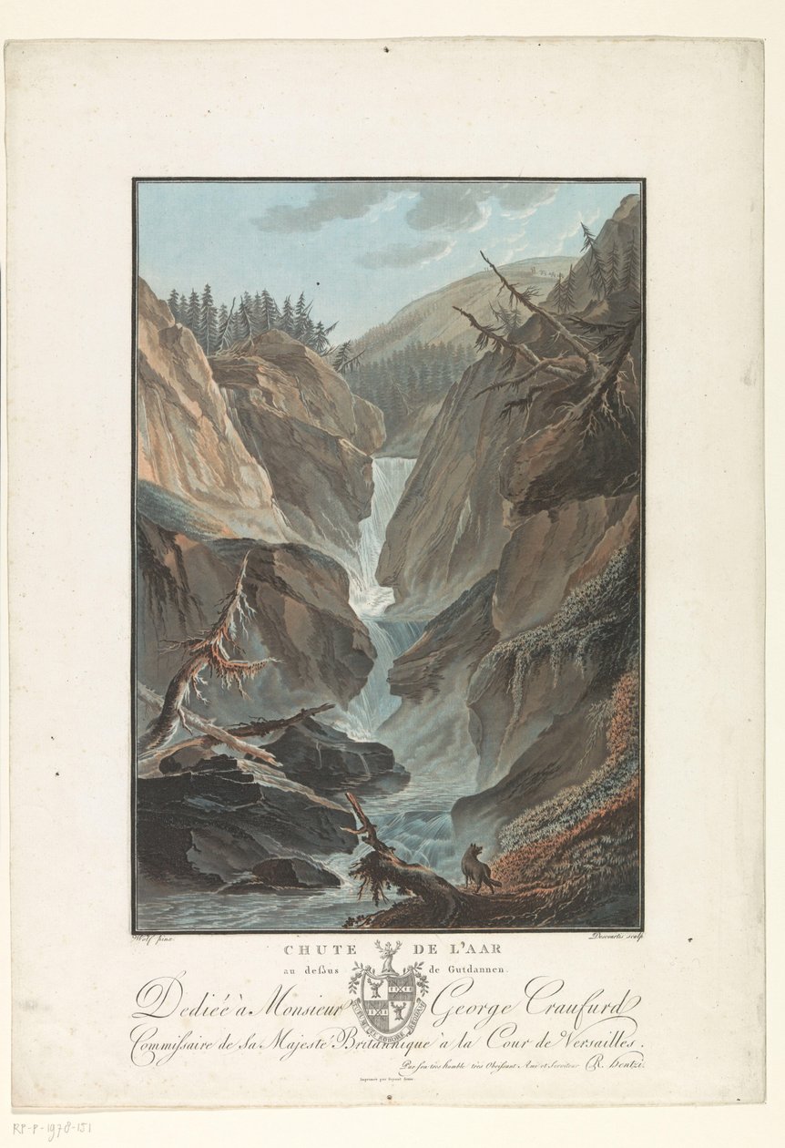 Waterval van de rivier de Aare Fall of the Aare over Gutdannen (tittel på objekt) Bemerkelsesverdig utsikt over fjellene i Sveits (serietittel) av Charles Melchior Descourtis