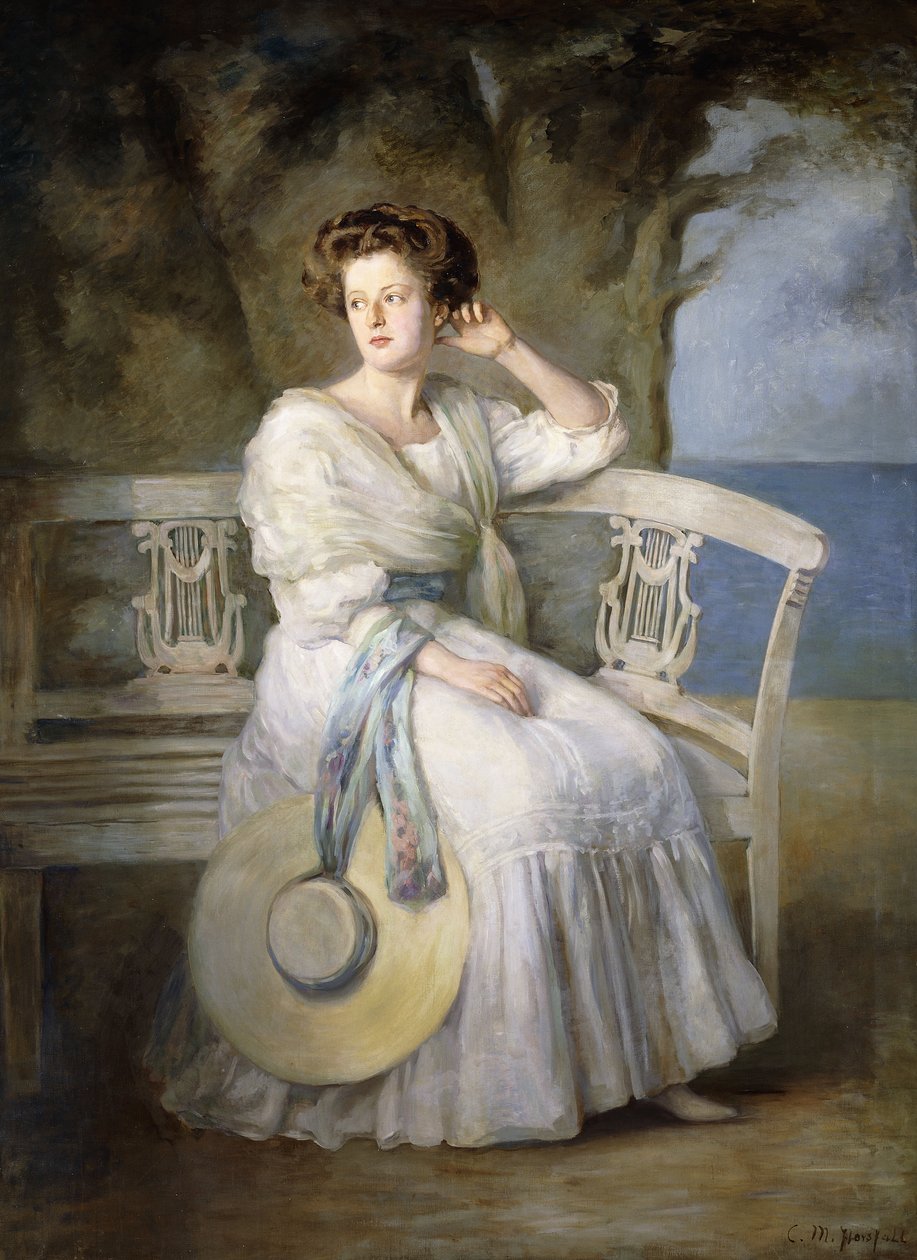 Portrett av en dame iført en blå kjole av Charles Mendelssohn Horsfall