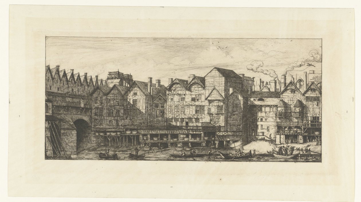 Bakfasader av buntmakerhus på Seinen nær Pont-au-Change i Paris En del av Paris slutten av det syttende århundre Partie de la cité vers la Fin du XVIIe siècle av Charles Meryon