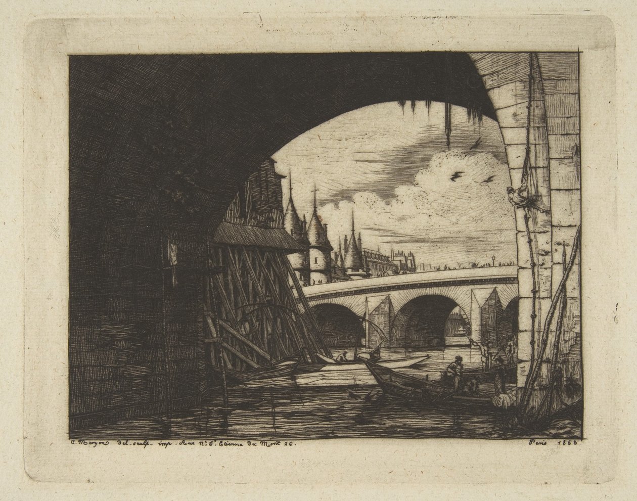 Buegang, Pont Notre-Dame, Paris, fra «Etsninger fra Paris» av Charles Meryon