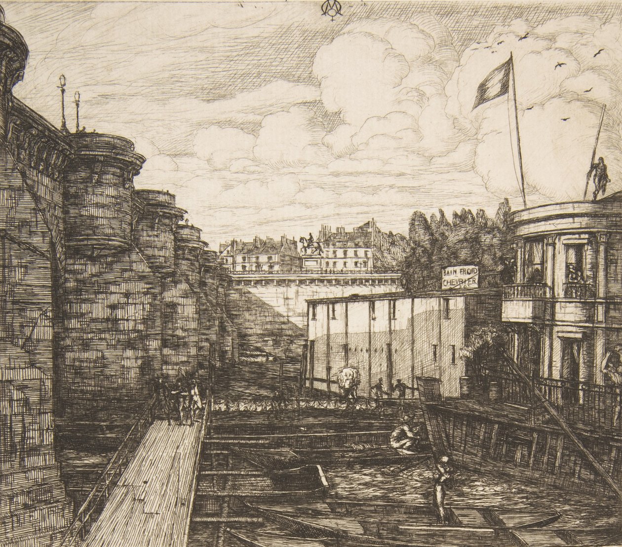 Bain-froid Chevrier Chevriers kaldbadsetablering, eller The School Baths, Paris, 1864. av Charles Meryon
