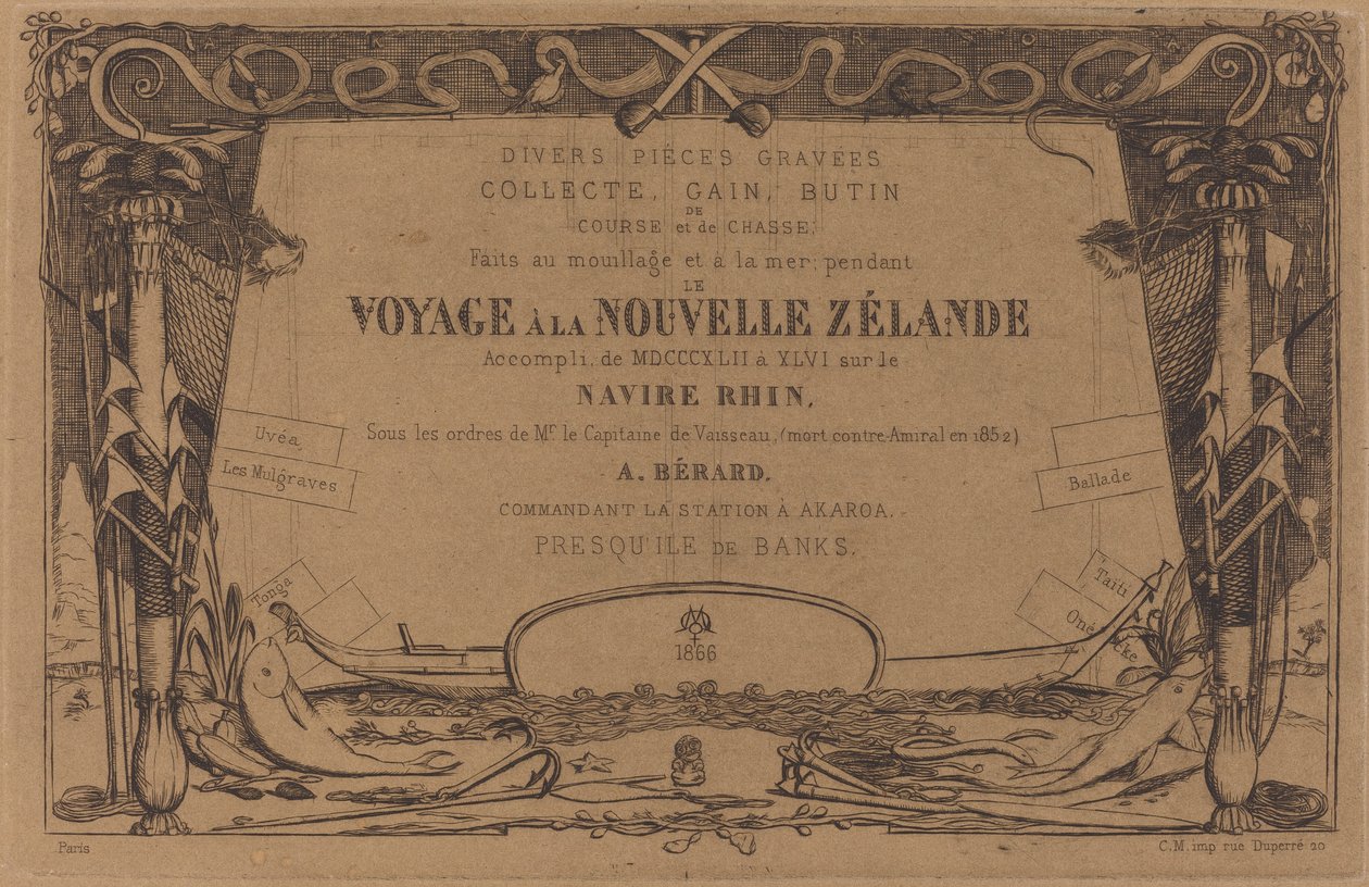 Omslag til settet med etsninger med tittelen "A Voyage to New Zealand" av Charles Meryon