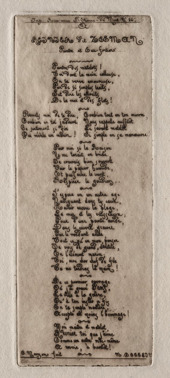 Etchings of Paris: Dedikasjon til Reynier Nooms, kalt Zeeman av Charles Meryon
