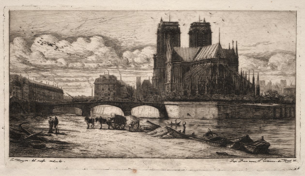 Etsninger av Paris: Apsiden til katedralen i Notre Dame av Charles Meryon