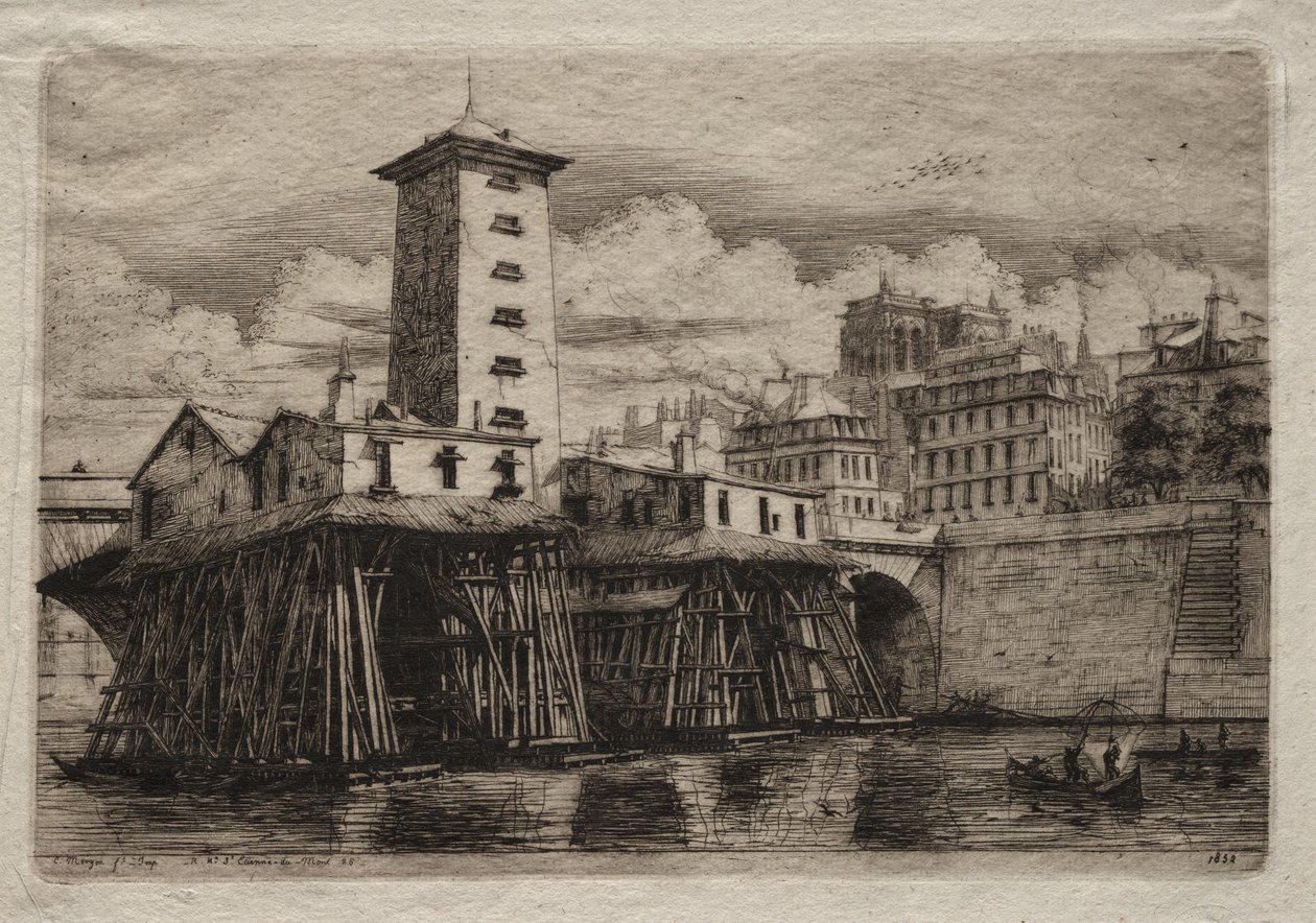 Etsninger av Paris: Notre Dame-pumpen av Charles Meryon