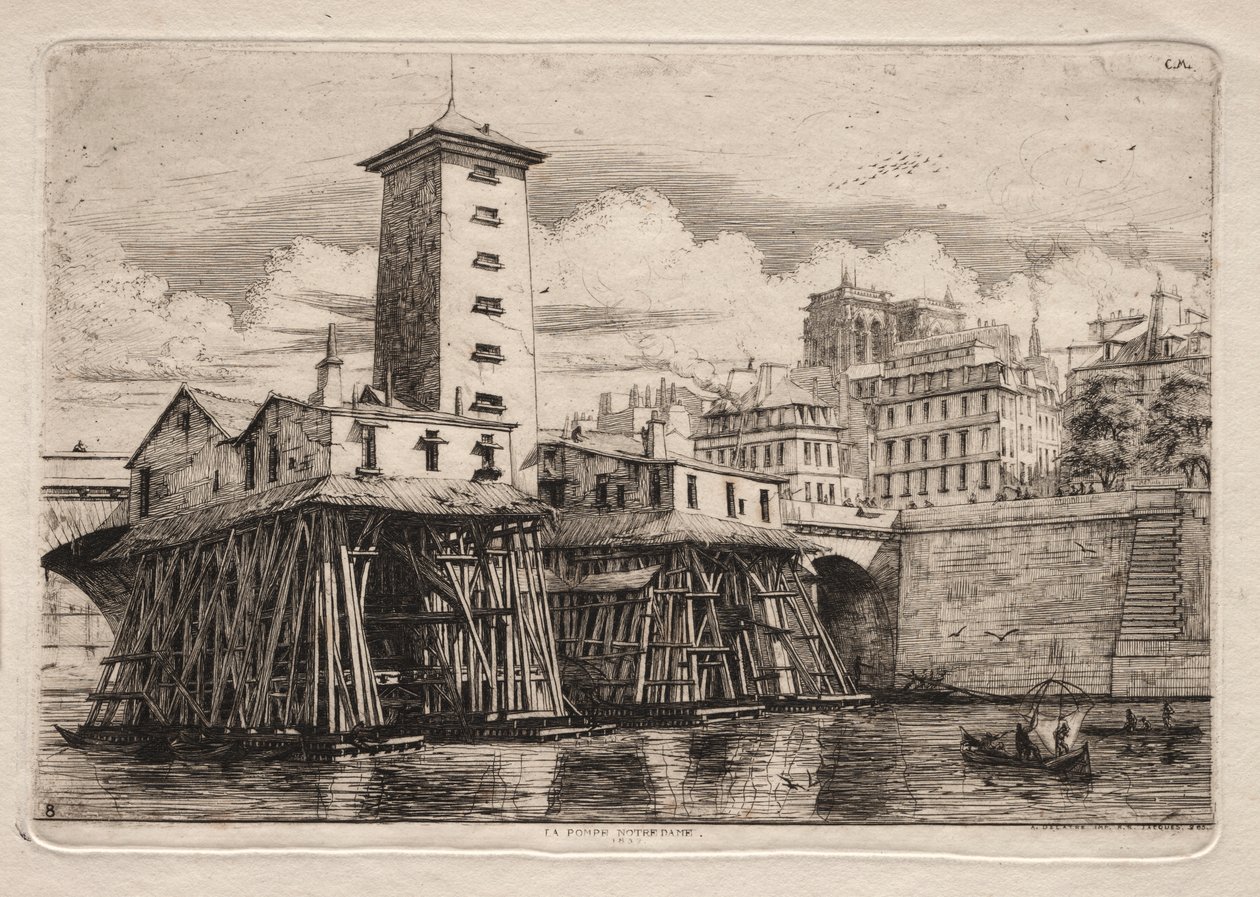 Etsninger av Paris: Notre Dame-pumpen av Charles Meryon