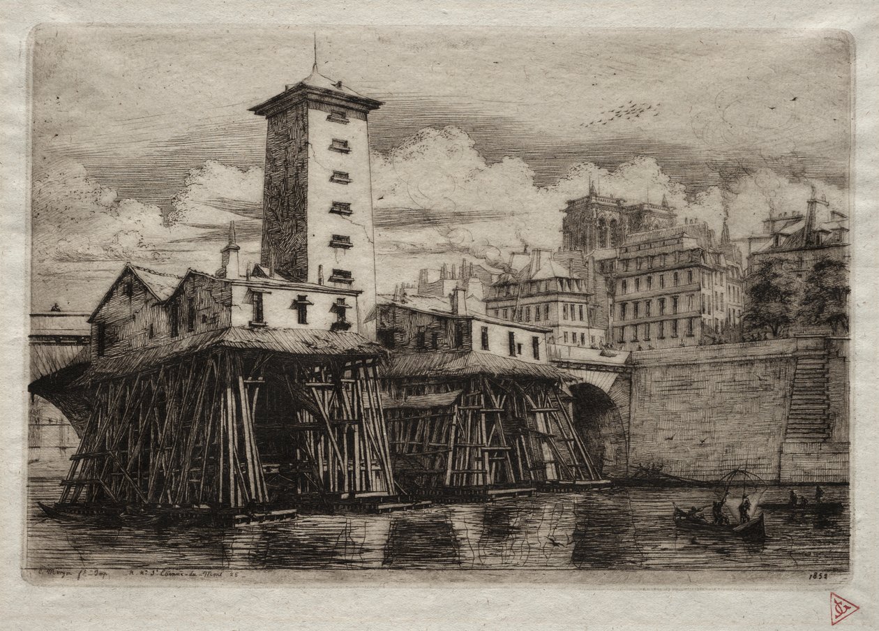 Etsninger av Paris: Notre Dame-pumpen av Charles Meryon