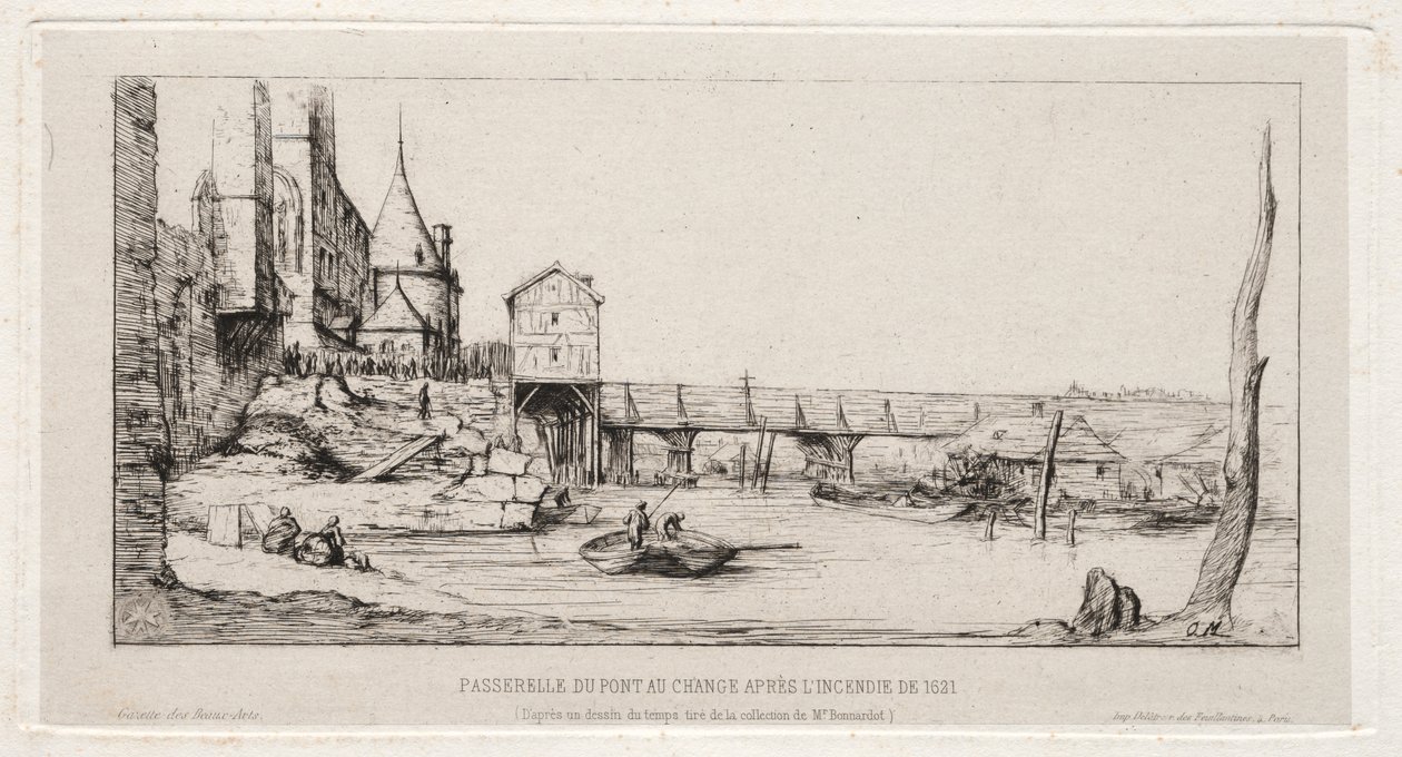 Gangbro midlertidig erstatter Exchange Bridge, Paris, etter brannen i 1621 av Charles Meryon