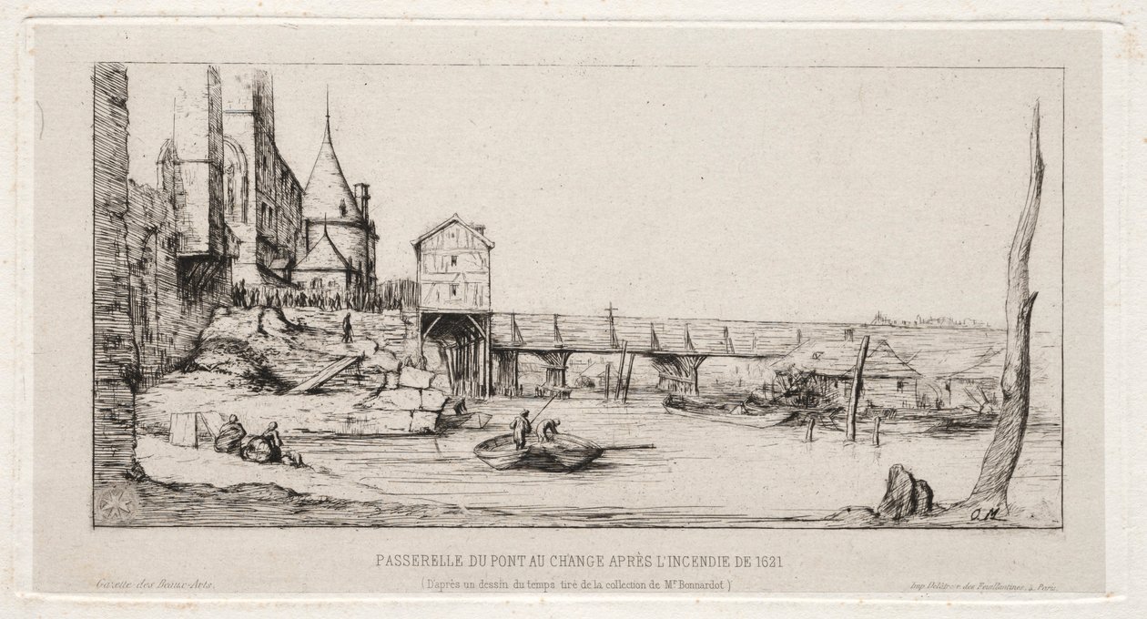 Gangbro midlertidig erstatter Exchange Bridge, Paris, etter brannen i 1621, 1860. av Charles Meryon