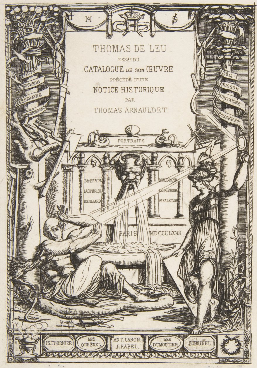 Frontispice for katalogen over arbeidet til Thomas De Leu, 1866. av Charles Meryon