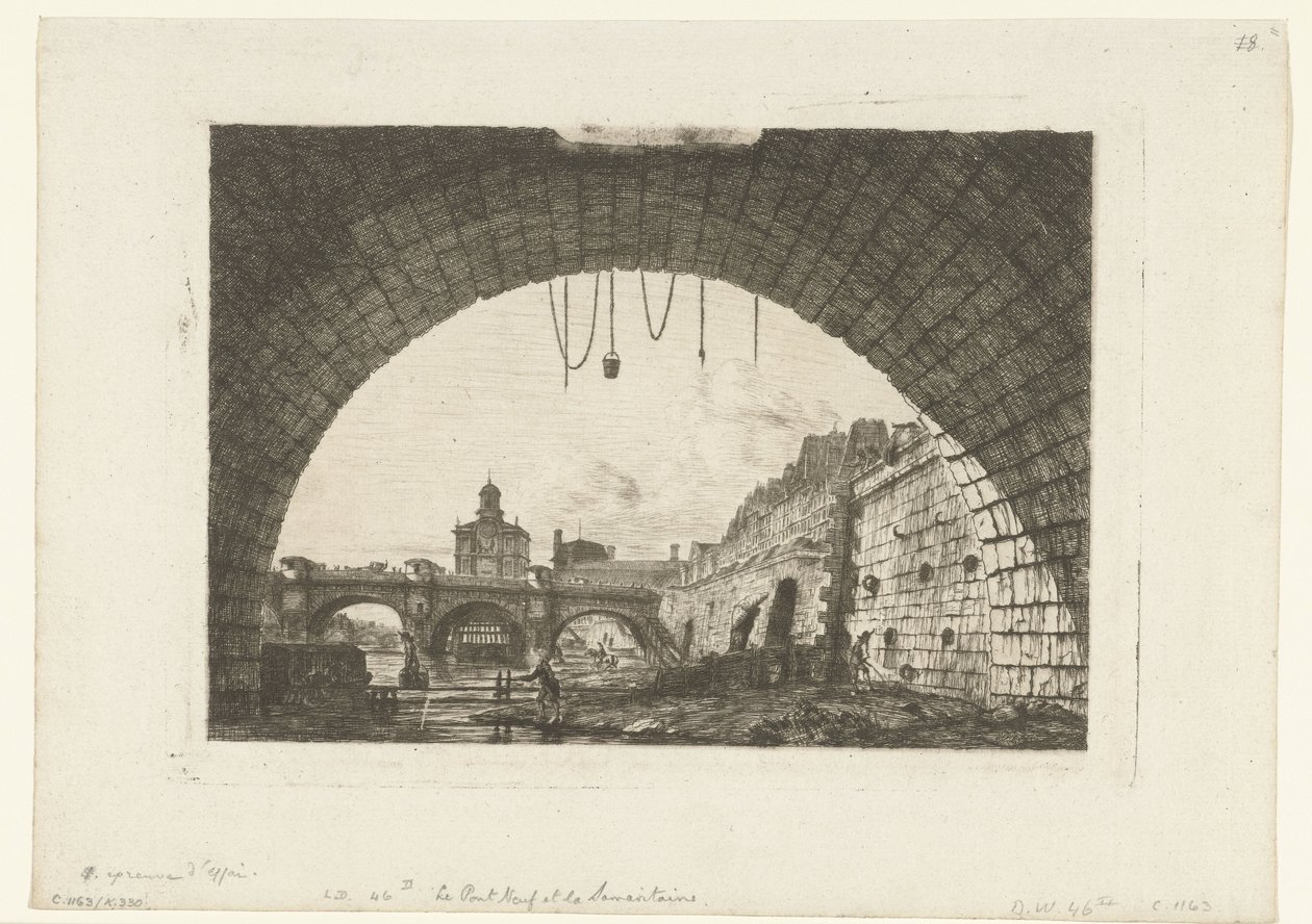 Se på Pont-Neuf under boog Pont-au-Change i Paris Pont Neuf og Samaritaine fra under den første buen til Pont au Change av Charles Meryon