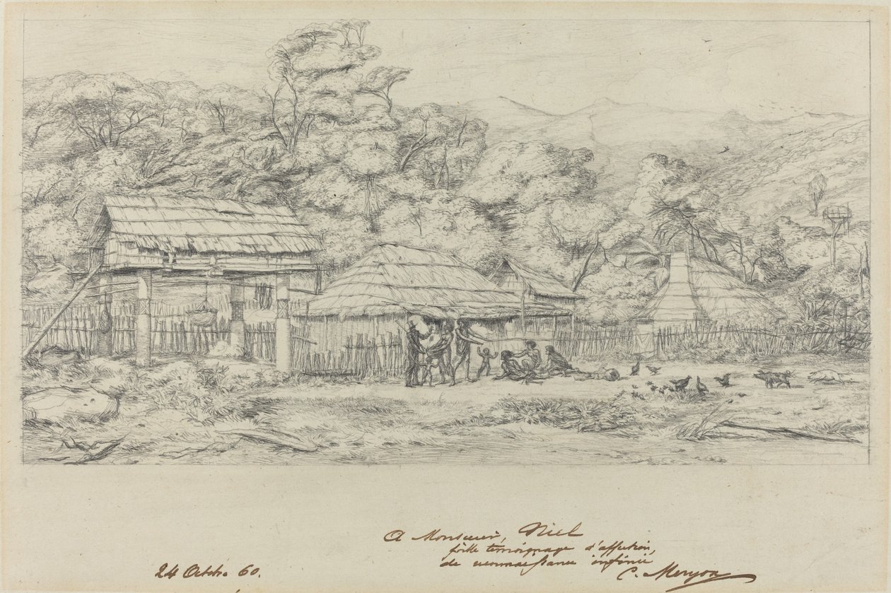 Innfødte kornmagasiner og boliger på Akaroa, Banks Island av Charles Meryon