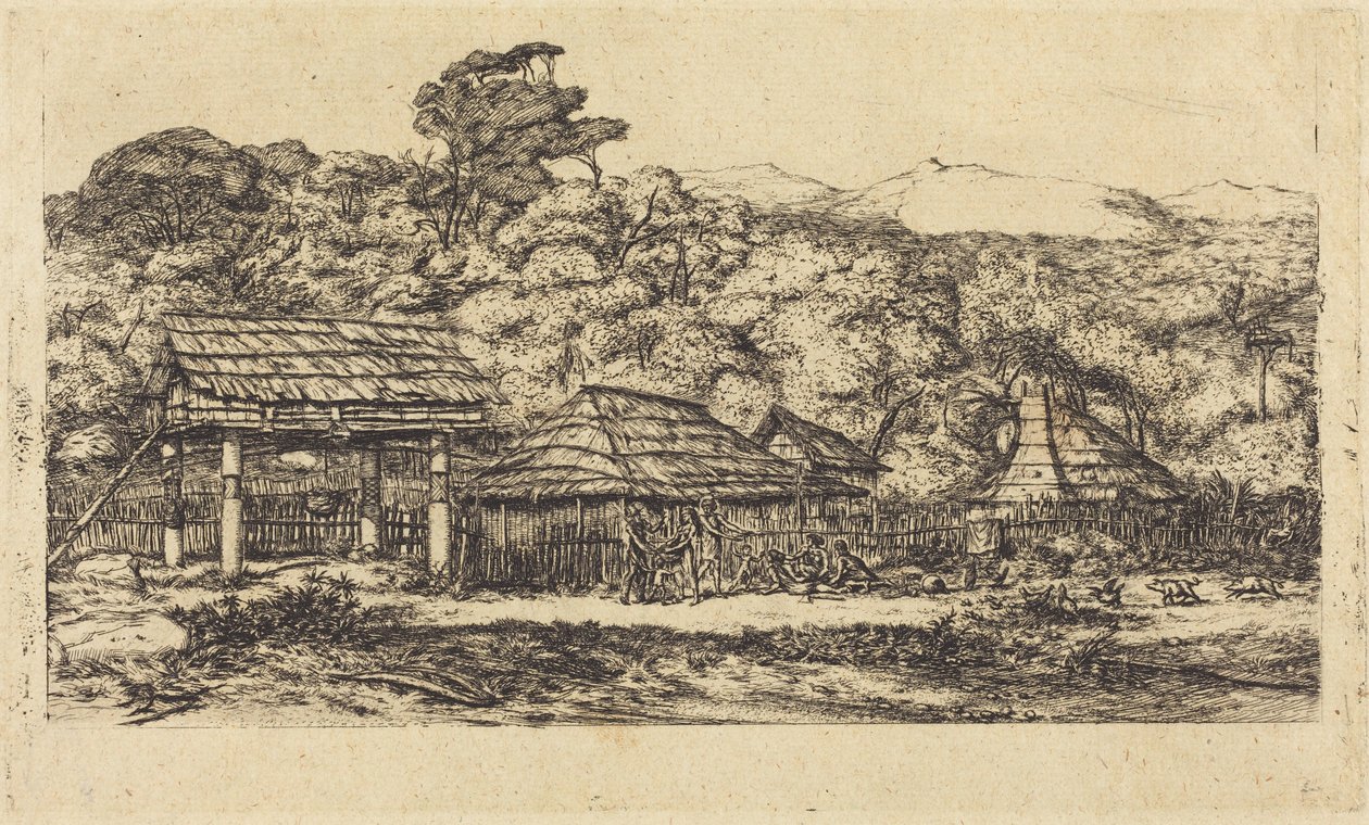 Innfødtfjøs og hytter i Akaroa, Banks-halvøya, 1845 av Charles Meryon