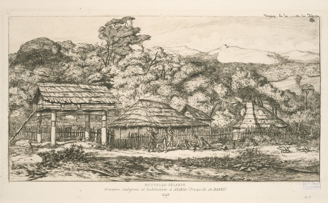 Innfødte kornmagasiner og boliger på Akaroa, Banks Peninsula, illustrasjon fra 