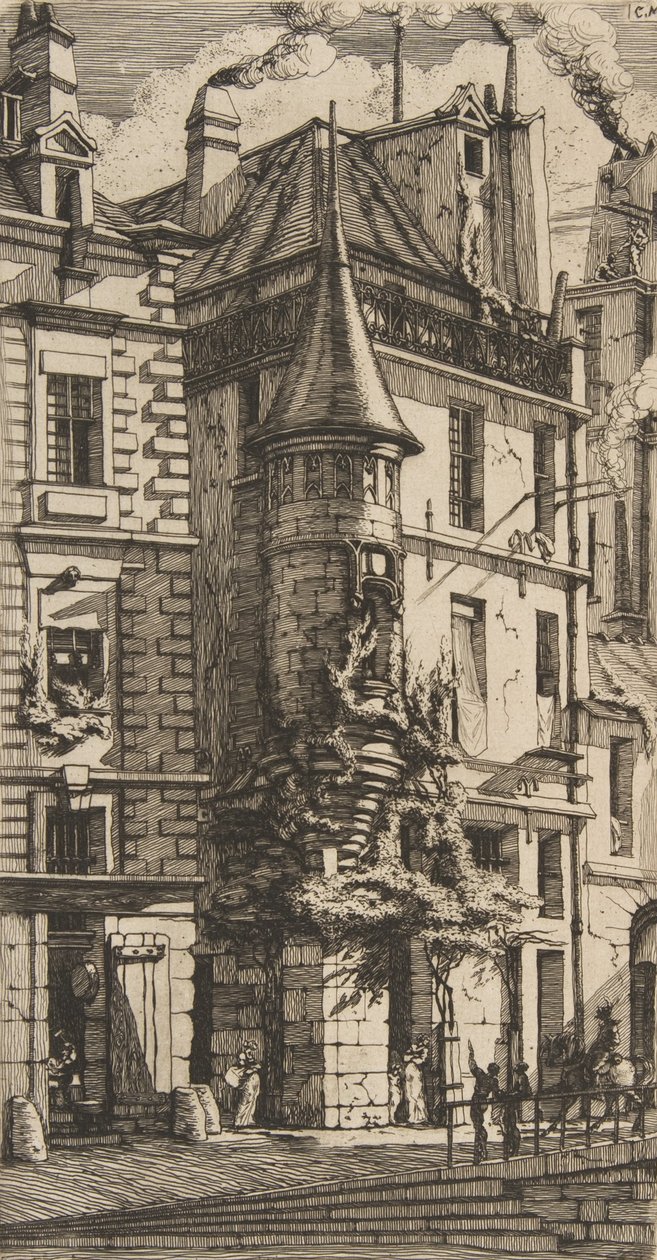 Hus med et tårn, rue de la Tixéranderie, Paris, 1852. av Charles Meryon