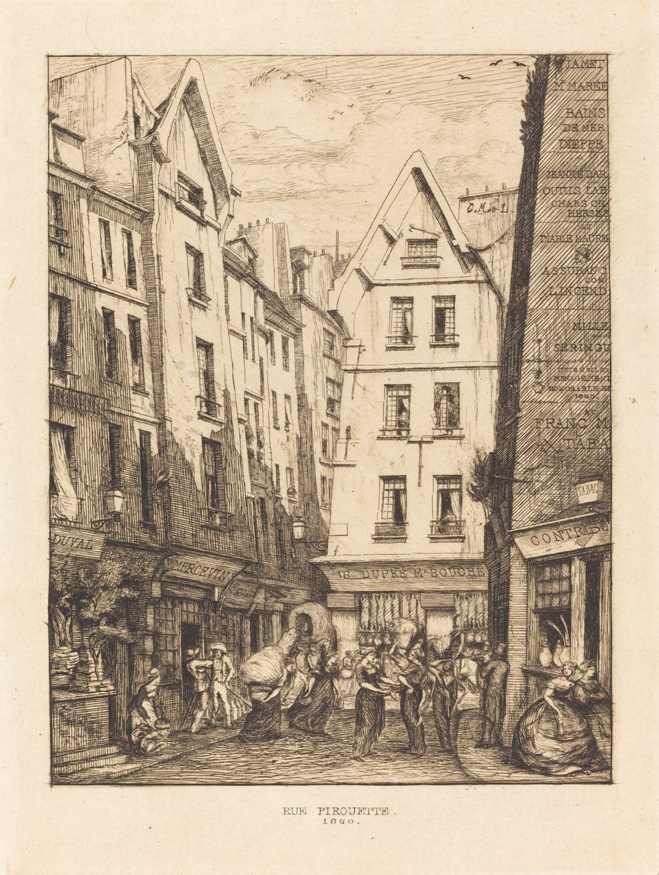 Rue Pirouette i Les Halles, Paris (Pirouette Street, nær markedene, Paris) av Charles Meryon