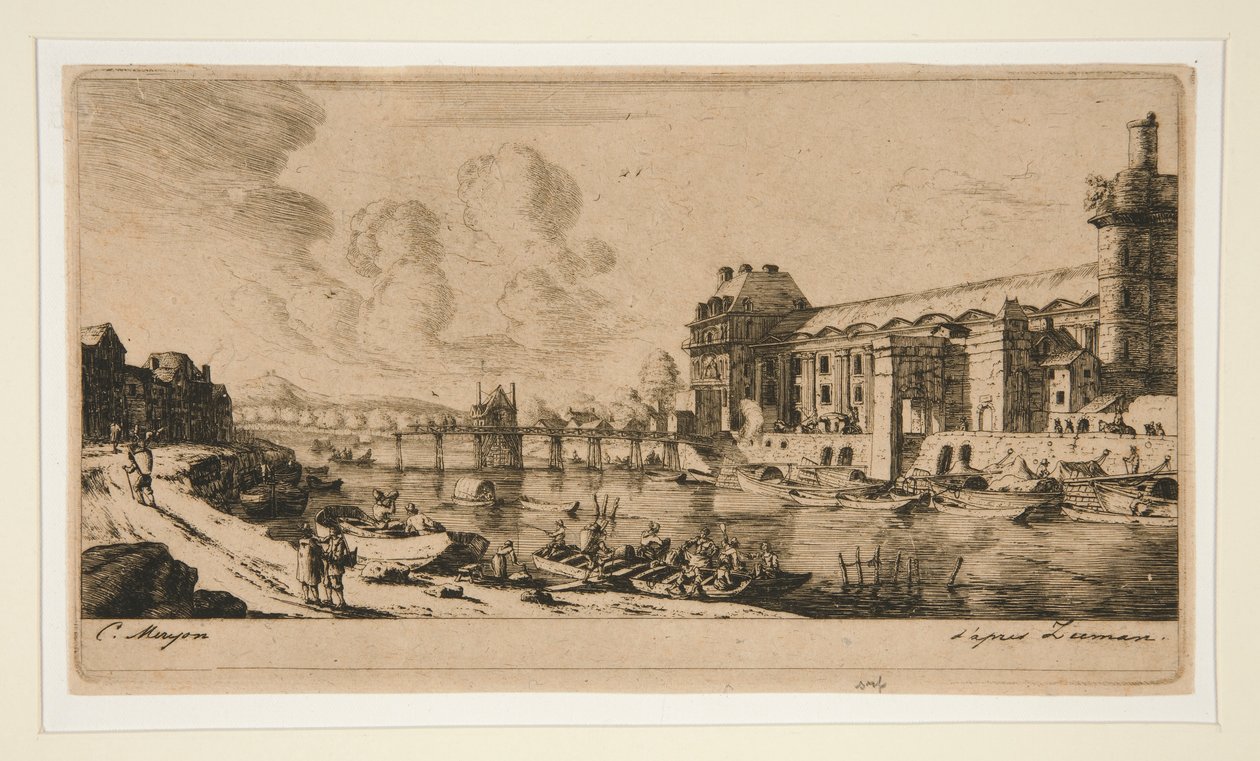 Pavillon de Mademoiselle og en del av Louvre [The av Charles Meryon