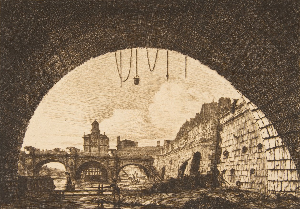 Pont-neuf og Samaritaine fra under den første buen til Pont-au-Change Pont-neuf..., 1855. av Charles Meryon