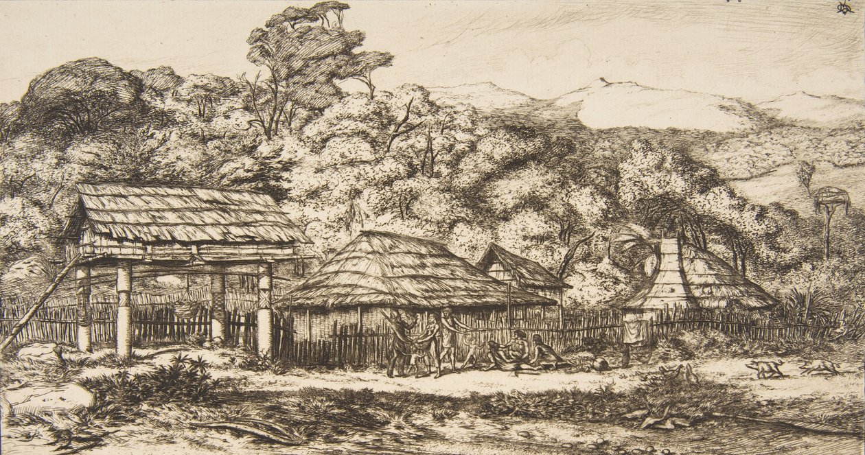Innfødte låver og hytter på Akaroa, Banks Peninsula, 1845, 1860. av Charles Meryon