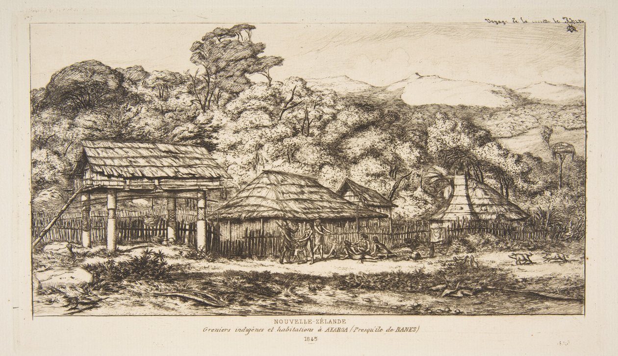 Innfødtfødte låver og hytter ved Akaroa, Banks Peninsula, 1845, fra «Reisen til New Zealand (1842-46)» av Charles Meryon