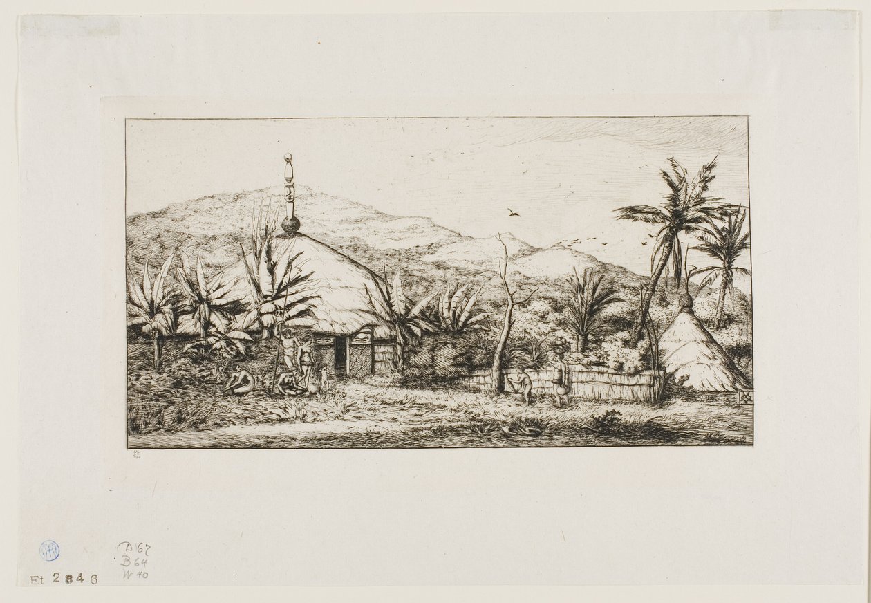 Ny-Caledonia: Stor innfødt hytte på veien fra Balade til Puépo, 1845 av Charles Meryon