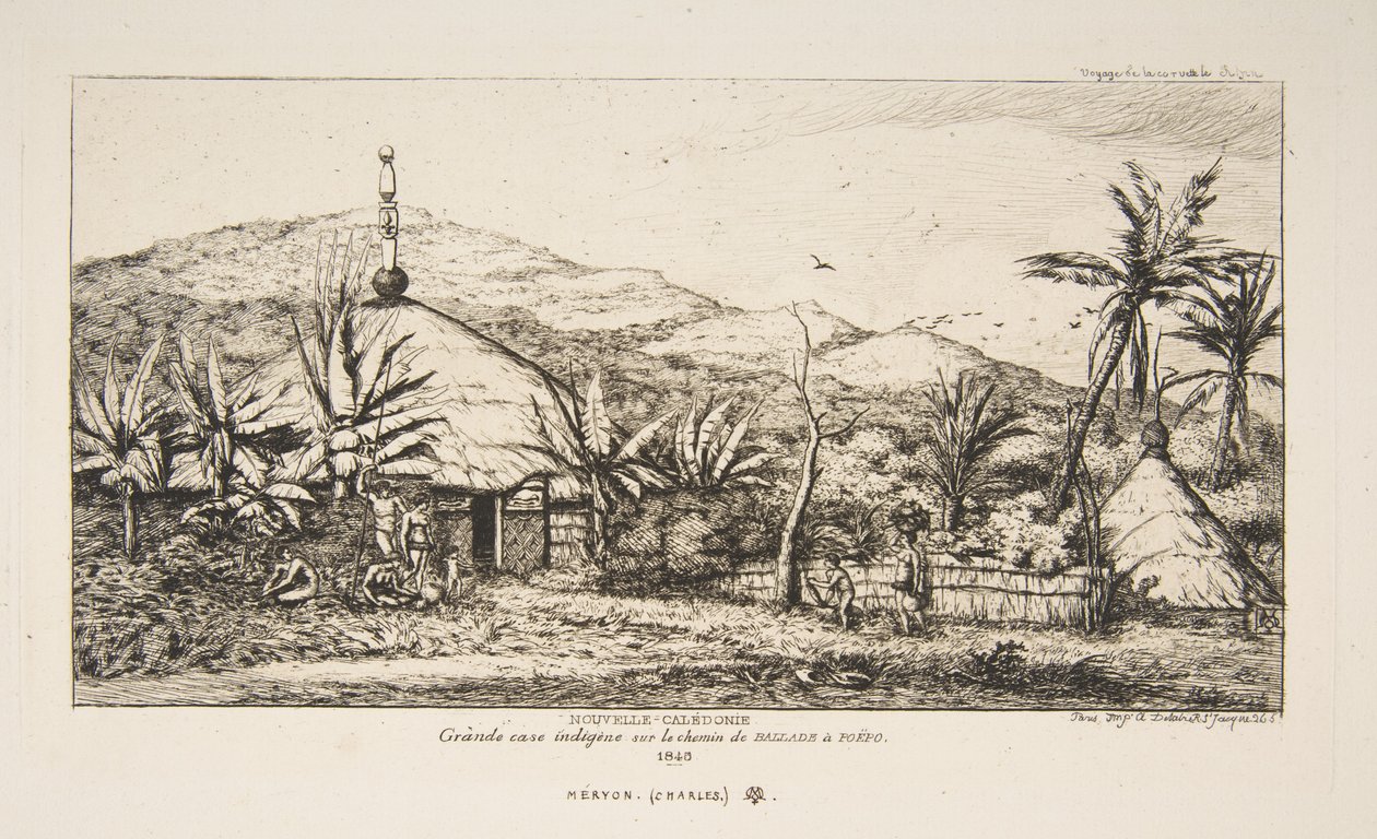 Ny-Caledonia: Stor innfødt hytte på veien fra Balade til Puebo, 1845, fra «Reisen til New Zealand (1842-46)» av Charles Meryon