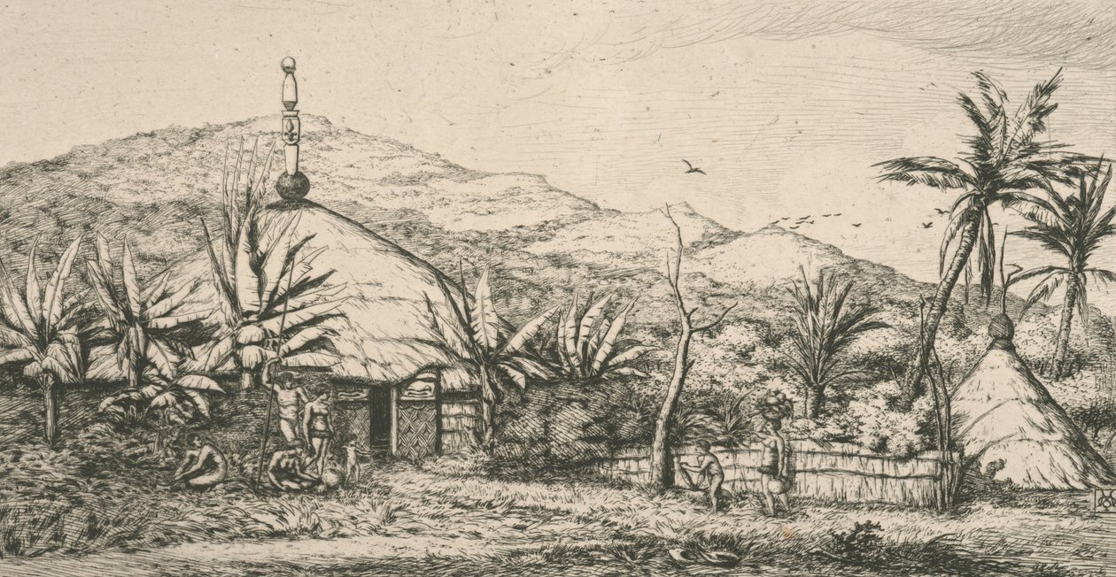 Ny-Caledonia, Ny-Caledonia: stor innfødt hytte på gangveien til Poepo, illustrasjon fra "Etching of the Pacific...", 1863 av Charles Meryon