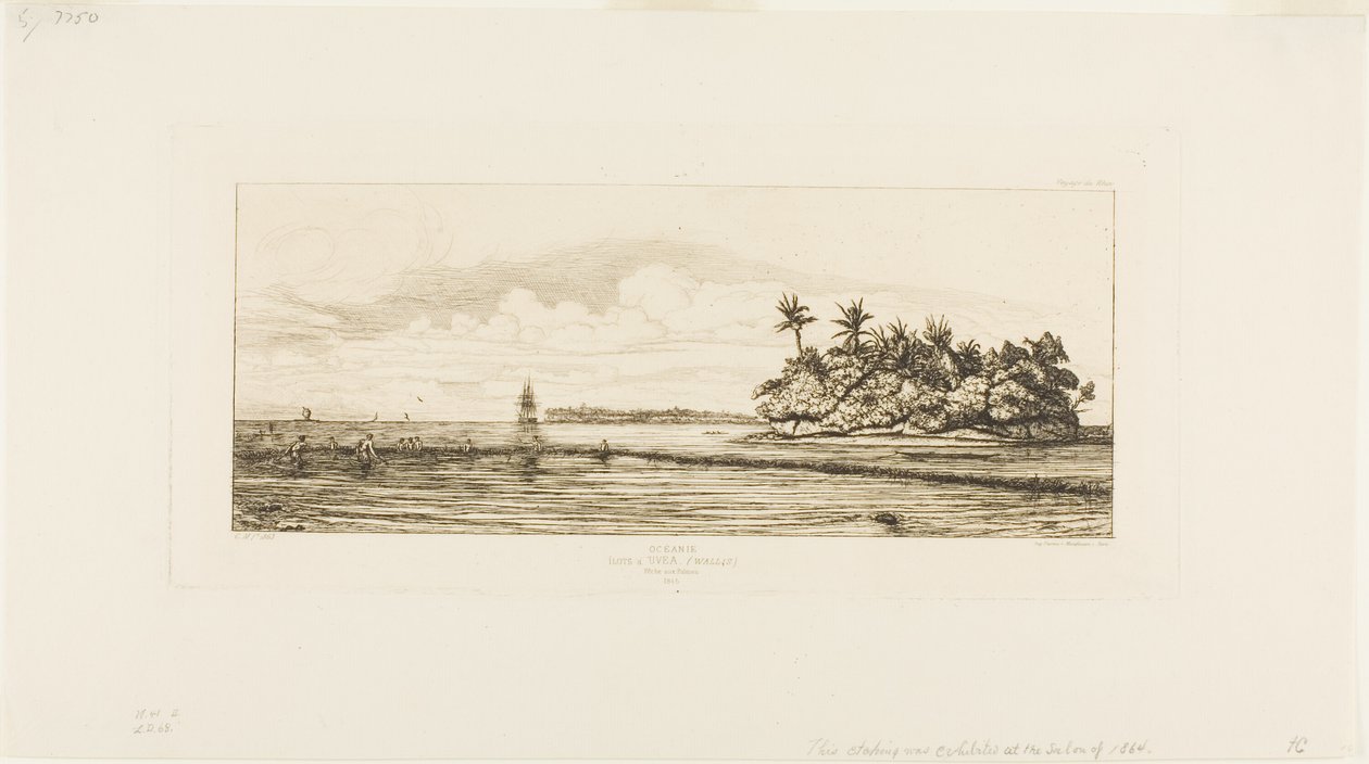 Oseania: Fiske, nær øyer med palmer i Uea eller Wallis Group, 1845 av Charles Meryon