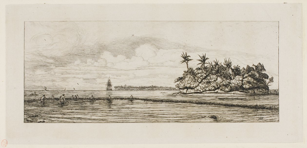Oseania: Fiske, nær øyer med palmer i Uea eller Wallis Group, 1845 av Charles Meryon