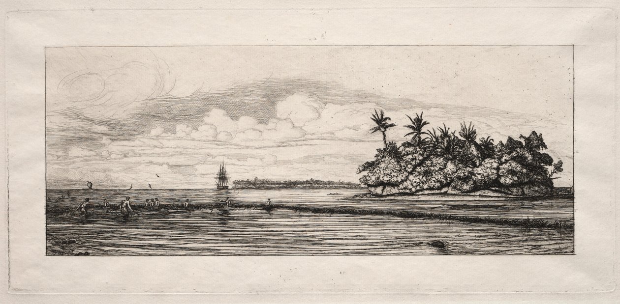 Oseania: Fiske nær øyer med palmer i Uea eller Wallis Group, 1863. av Charles Meryon