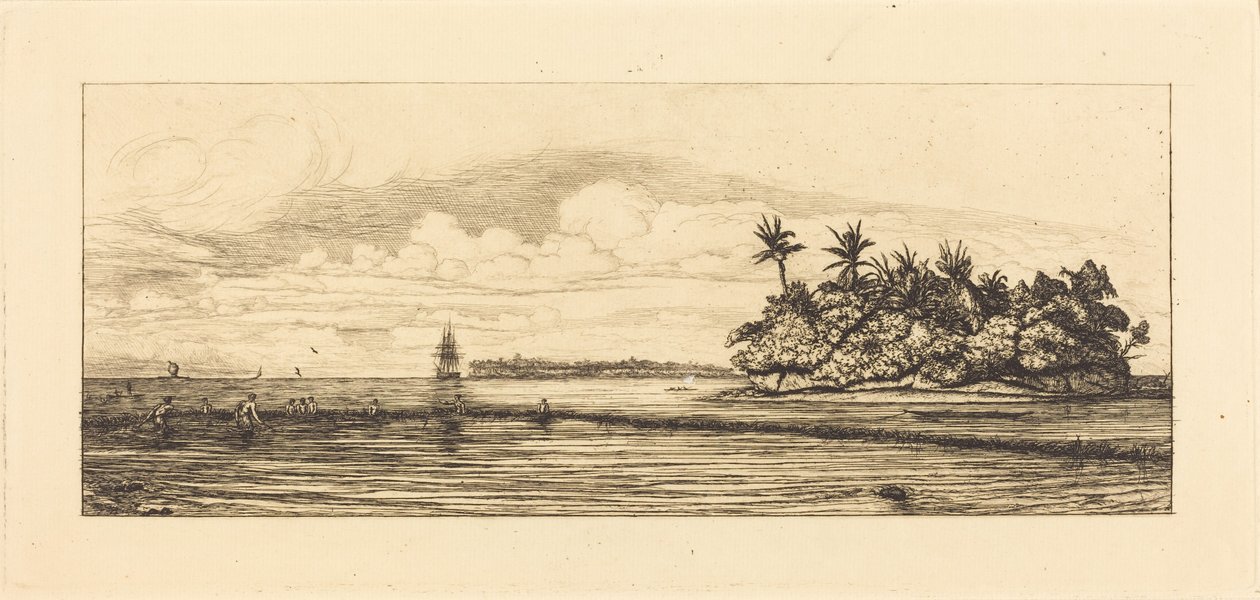 Oseania, småøyer ved Uvea (Wallis); Fiske med palmer, 1845 av Charles Meryon