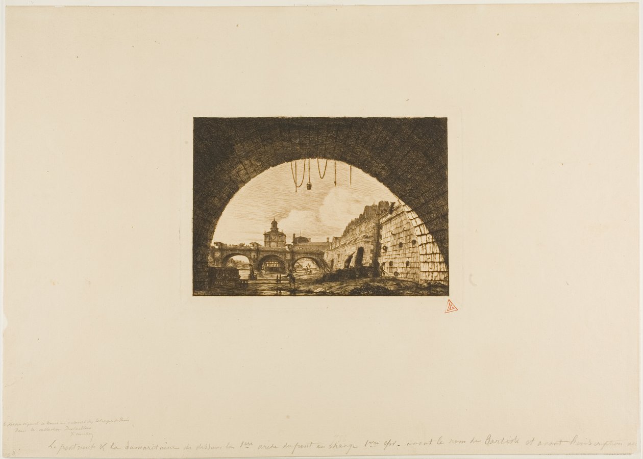 Pont-Neuf og Samaritaine sett fra under den første buen til Pont-au-Change, Paris av Charles Meryon