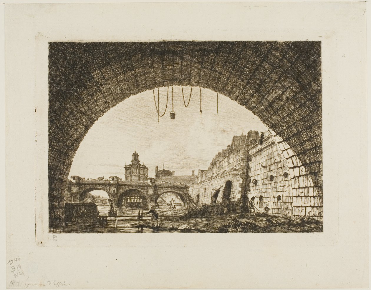 Pont-Neuf og Samaritaine sett fra under den første buen til Pont-au-Change, Paris av Charles Meryon
