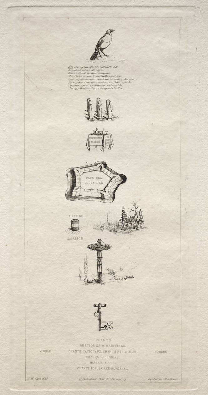 Rebus: Beranger var egentlig ikke sterk for han hadde aldri nøkkelen til åkrene, 1863. av Charles Meryon