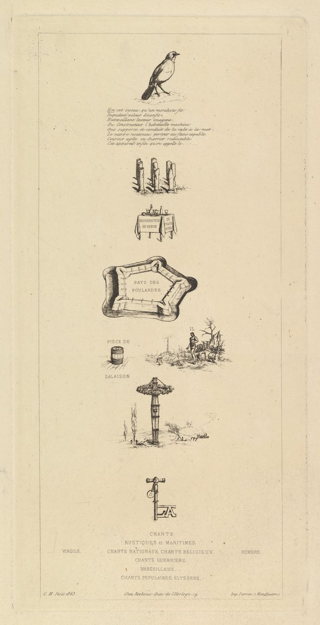Rebus: Béranger var egentlig ikke sterk, for han hadde aldri nøkkelen til åkrene, 1863. av Charles Meryon