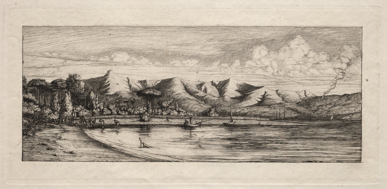 Notfiske utenfor Charcoal Burners Point, Akaroa, 1865. av Charles Meryon