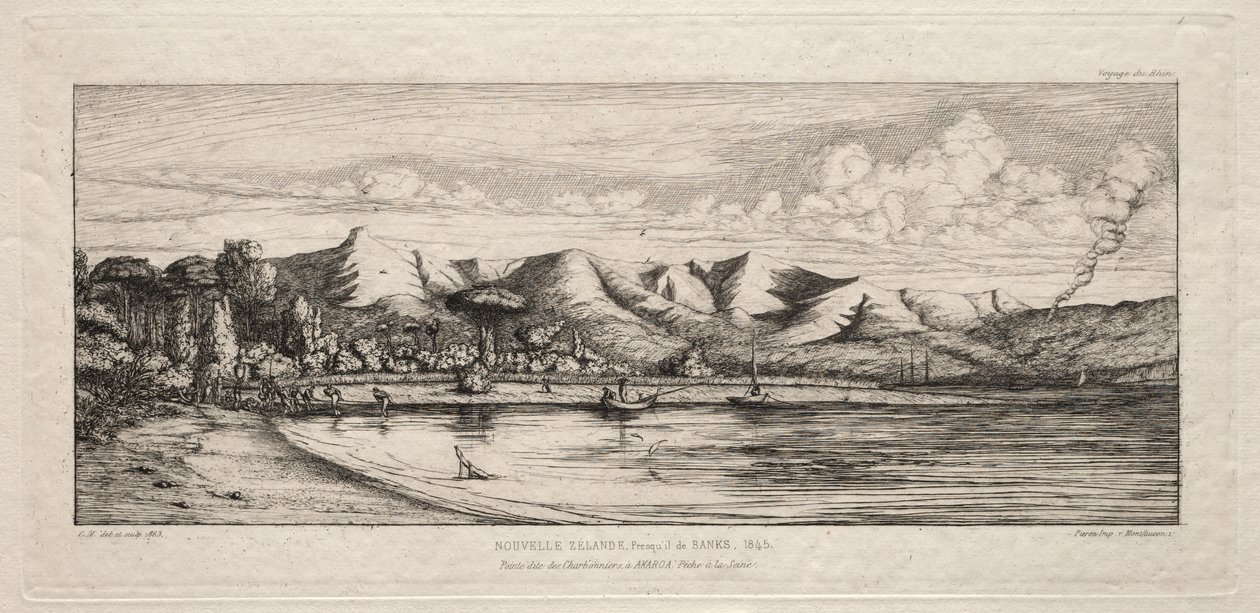 Notfiske utenfor Charcoal Burners' Point, Akaroa, Banks' Peninsula, 1845 av Charles Meryon