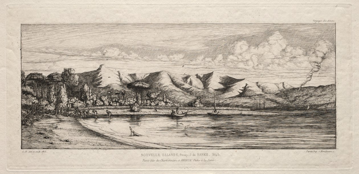 Notfiske utenfor Charcoal Burners Point, Akaroa, Banks Peninsula, 1845, 1863. av Charles Meryon