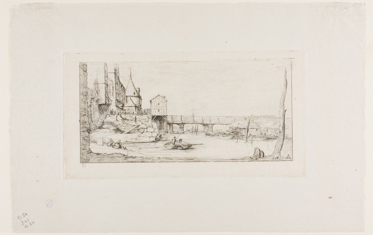 Gangbroen som midlertidig erstatter Pont-au-Change, Paris, etter brannen i 1621 av Charles Meryon