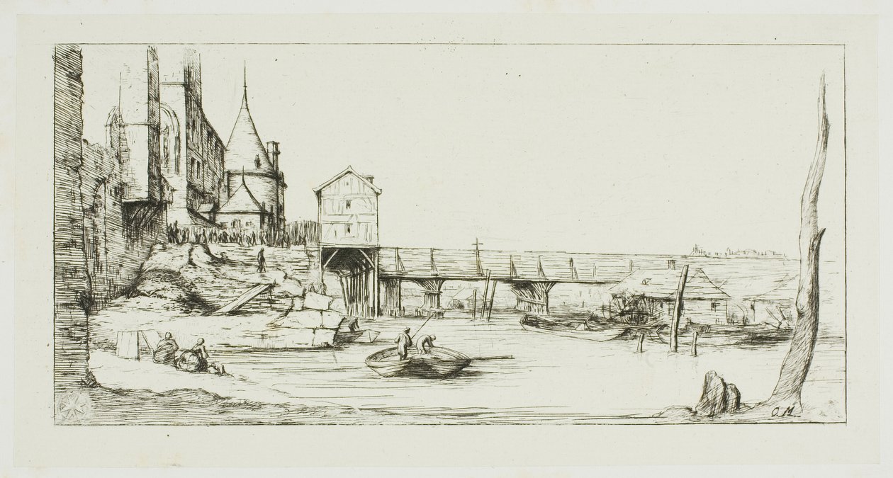 Gangbroen som midlertidig erstatter Pont-au-Change, Paris, etter brannen i 1621 av Charles Meryon