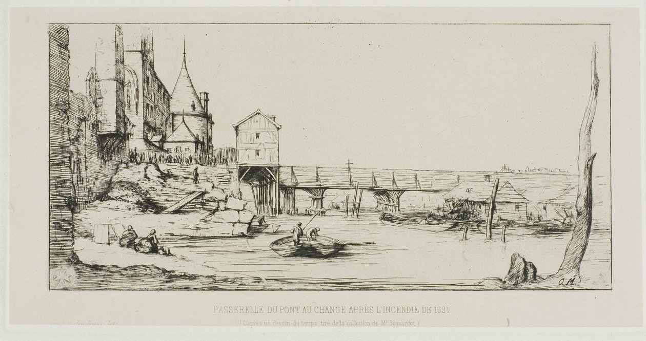 Gangbroen som midlertidig erstatter Pont-au-Change, Paris, etter brannen i 1621 av Charles Meryon