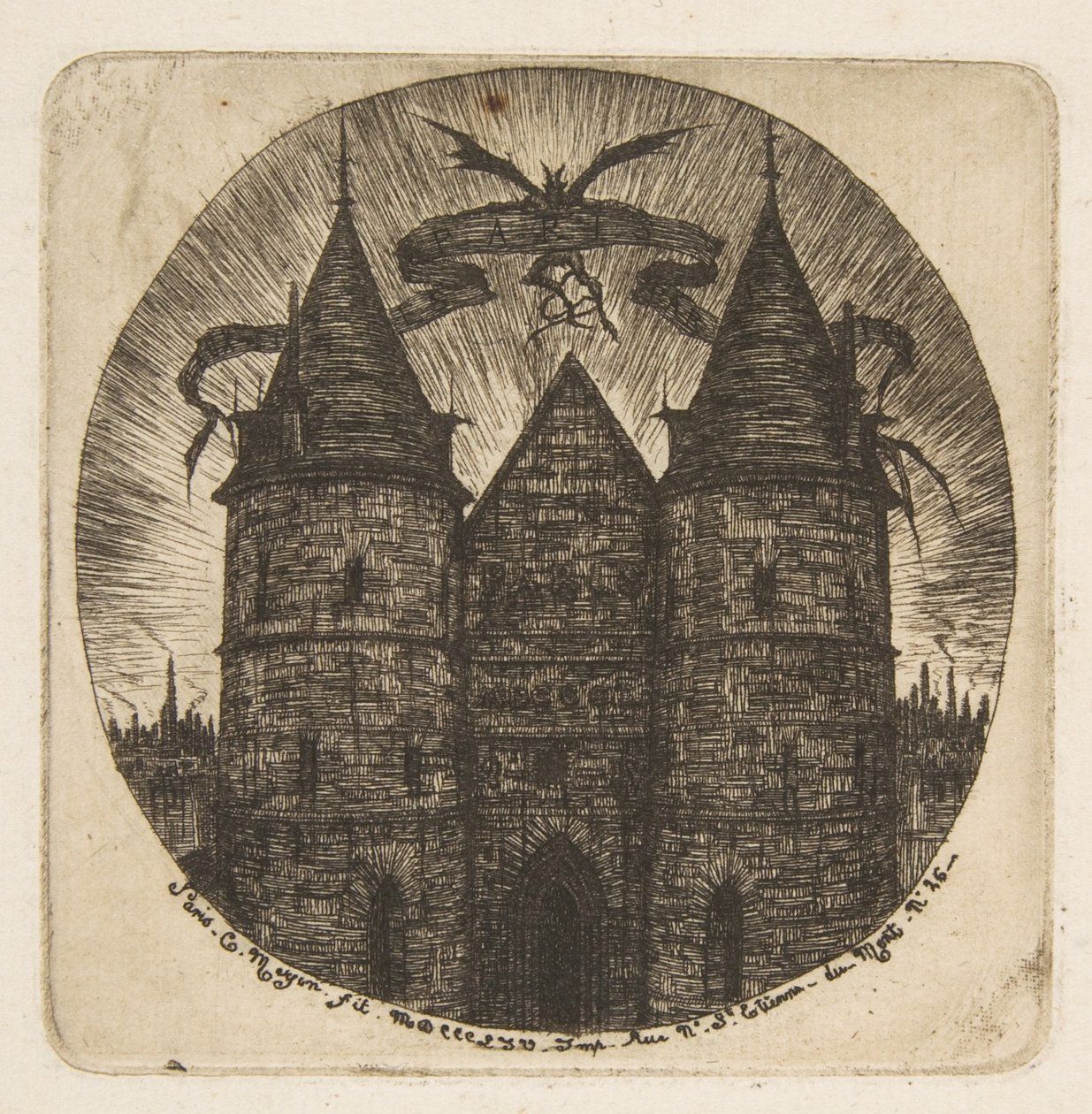 Den gamle inngangen til Palais de Justice, Paris, frontispis til «Etsninger fra Paris» av Charles Meryon