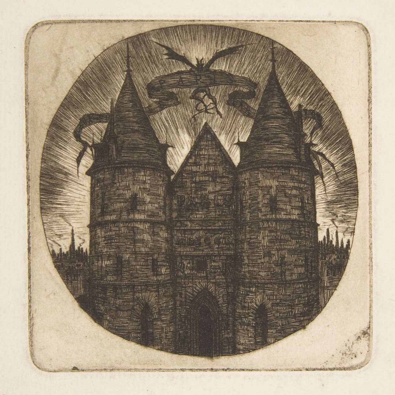 Den gamle porten til Palais de Justice, Paris, frontispis til «Etsninger av Paris» av Charles Meryon