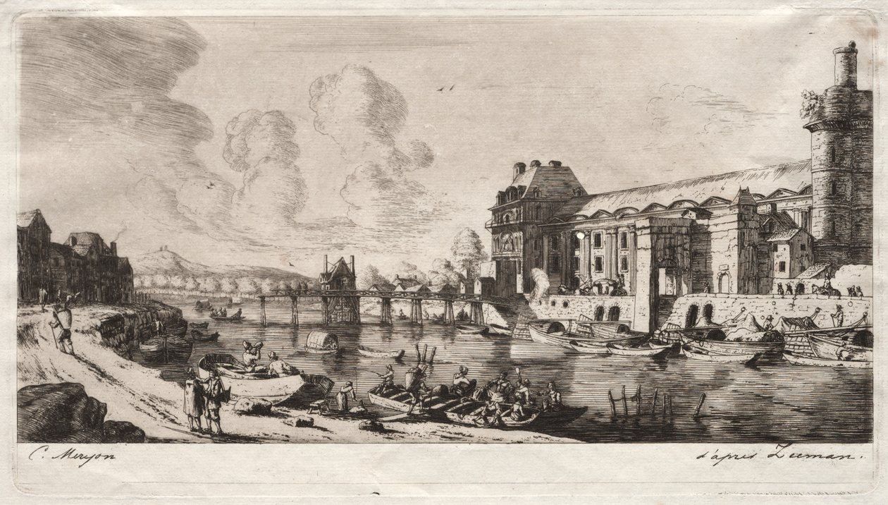 Pavillon de Mademoiselle og en del av Louvre av Charles Meryon