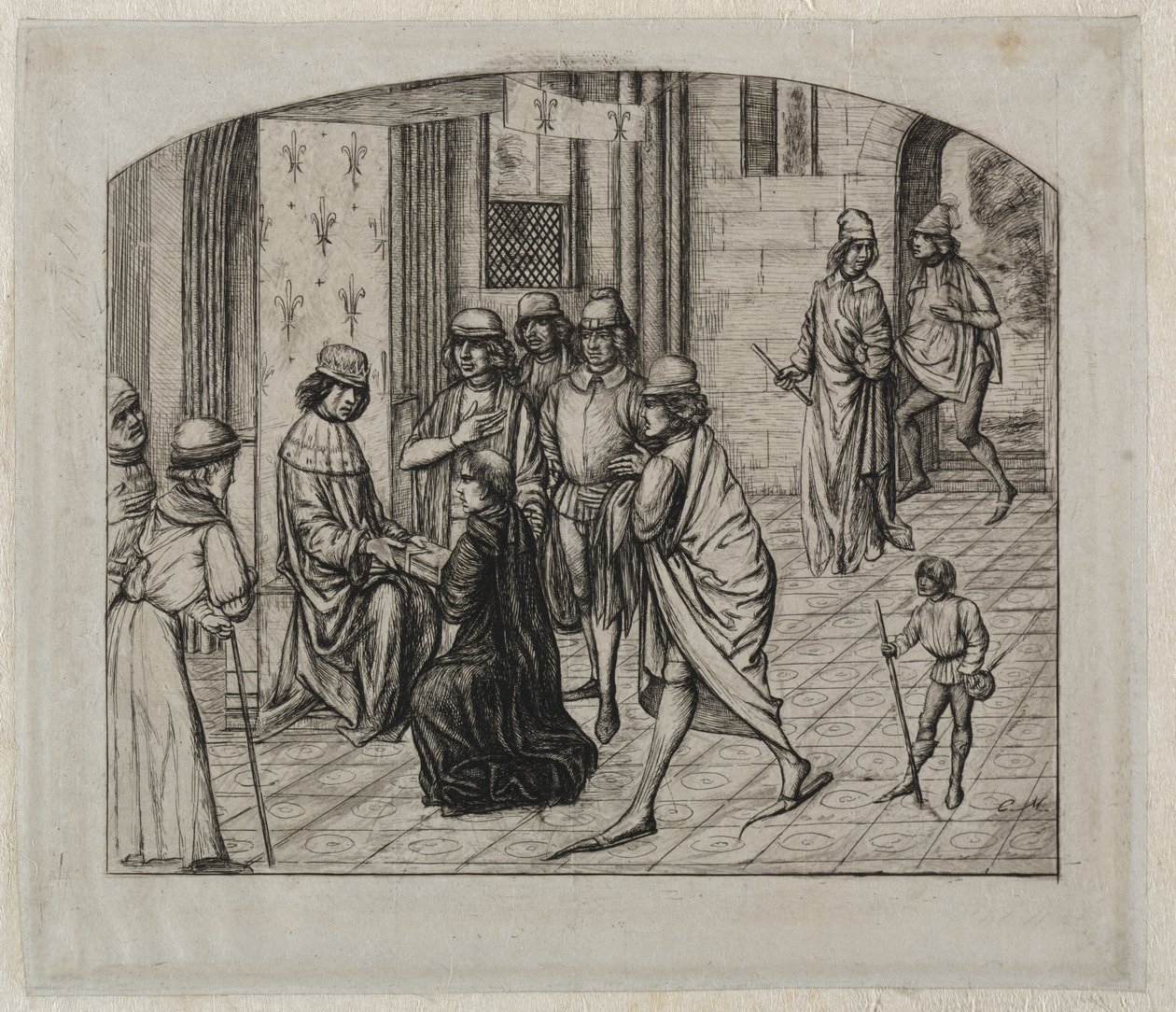 Det trykte verket til den latinske forfatteren, Valerius Maximus, blir presentert for kong Louis XI av Charles Meryon