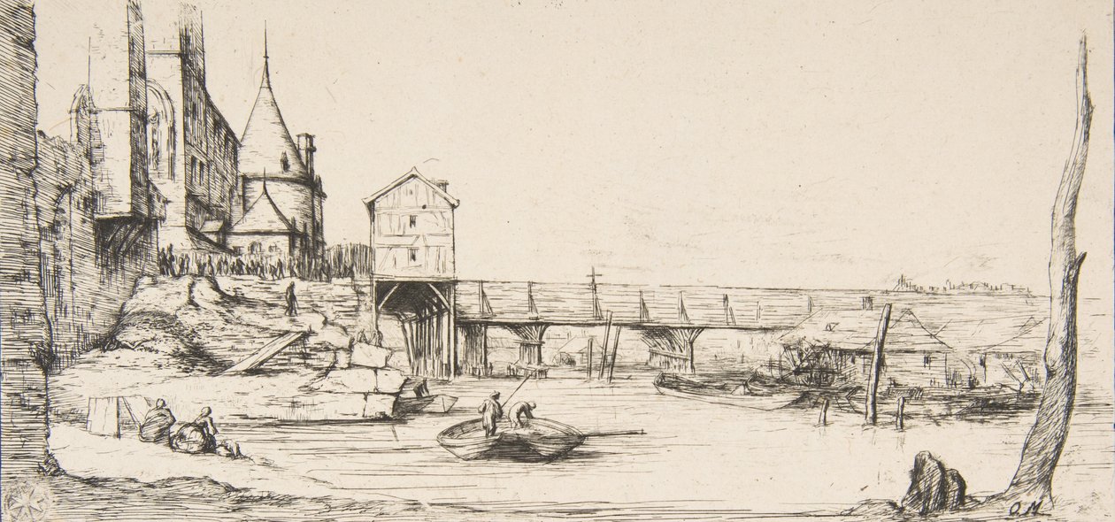Gangbroen som midlertidig erstattet Pont-au-Change, Paris, etter brannen i 1621, af ..., 1860. av Charles Meryon